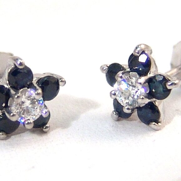 Genuine Sapphire Sterling Silver Stud Earrings Anti-tarnish Flower Design - Picture 3 of 8